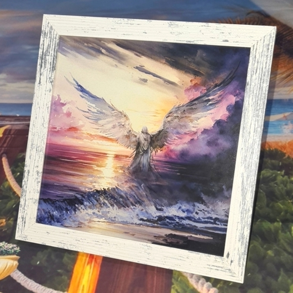 8x8 Angel Walking Over the Ocean Watercolor Art Oil Painting‎ Framed Print
